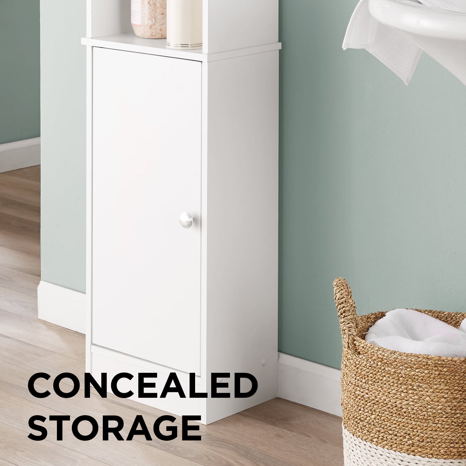 Mainstays Bathroom Storage Linen Tower with Concealed Storage and