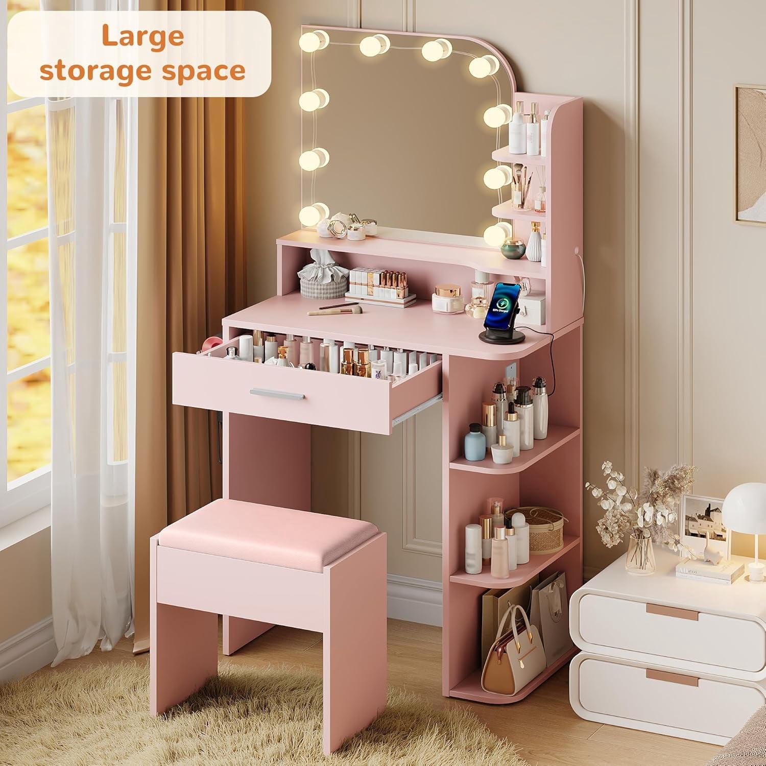 Makeup Vanity Set with Chair, Vanity Desk with Mirror and Lights, Power Outlet for Small Space, Pink