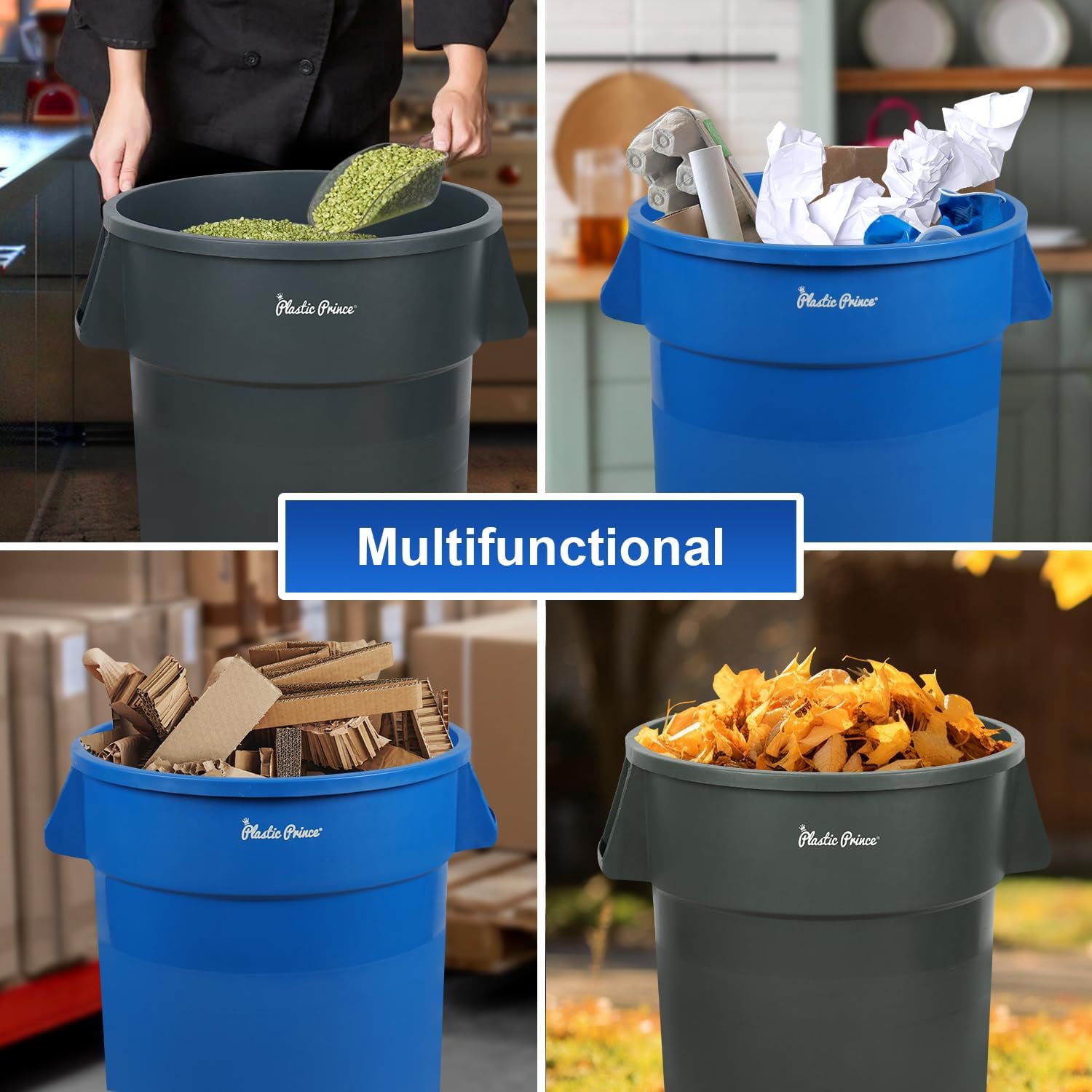 Plastic Prince 44 Gallon Round Trash Can with Lid Garbage Can Gray Waste Container for Home Garage Restaurants Warehouses