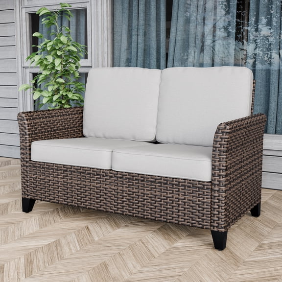 EAGLE PEAK Ocean Vista Patio Variated Brown All-weather PE Wicker Loveseat Sofa with Extended Armrest, Beige Cushions