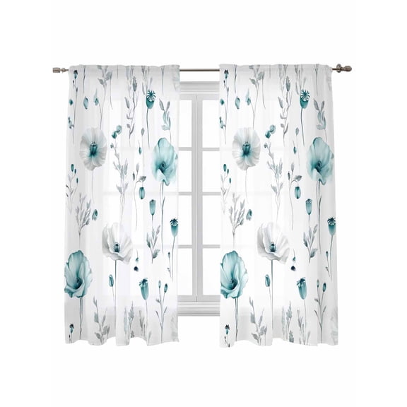 Turquoise Flowers Curtains 72 Inch Length, Sheer Curtains for Bedroom Living Room Window Farmhouse Spring Botanical Floral Rod Pocket Voile Drapes Kitchen Curtains Small Half Window 52"x72" 2 Panels