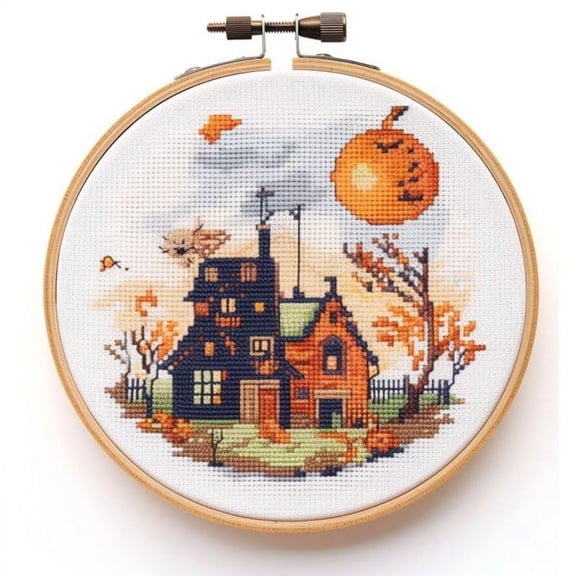 Counted Easy Cross Stitch Kits Halloween Pumpkin Color Stamped Embroidery for Starter Kits DIY 11CT Stamped Patterns Embroidery Needlework Kit Supplies 12 Inch Hoop Included(36-X)