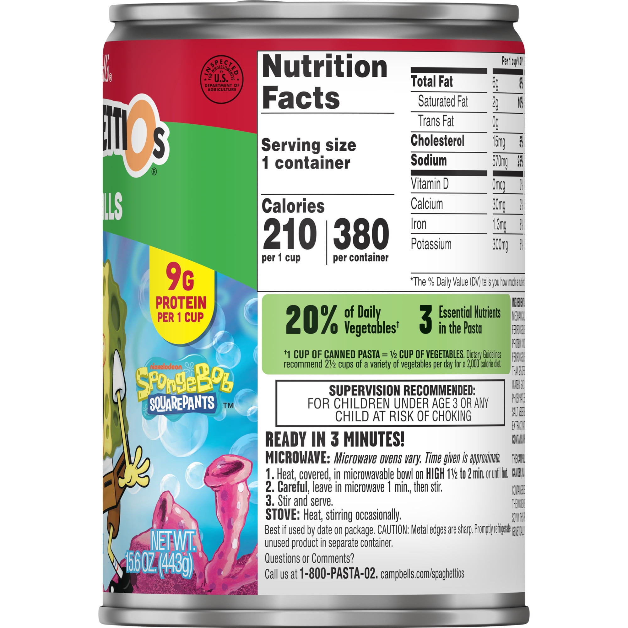 Campbell's SpaghettiOs SpongeBob Canned Pasta with Meatballs, 15.6 oz Can