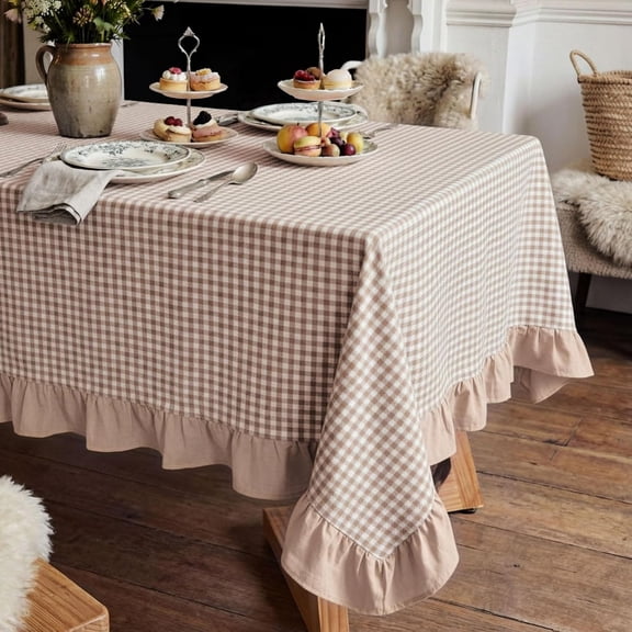 Beige Gingham Ruffled Tablecloth 84 x 60 Inches 100% Cotton Rectangle