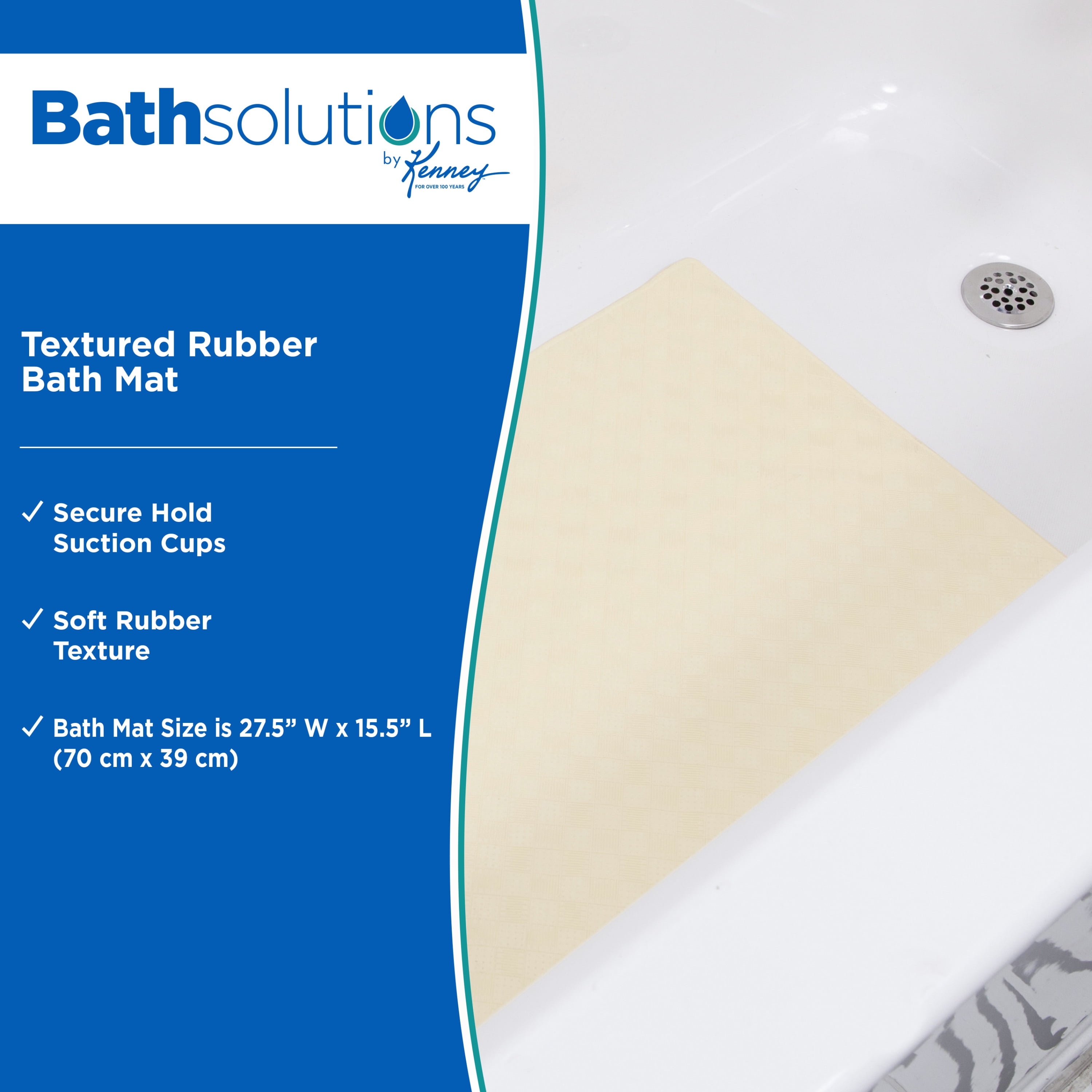 Kenney® Inside the Shower Textured Rubber Bath Mat with Suction Cups, 27.5" L x 15.5" W, Cream