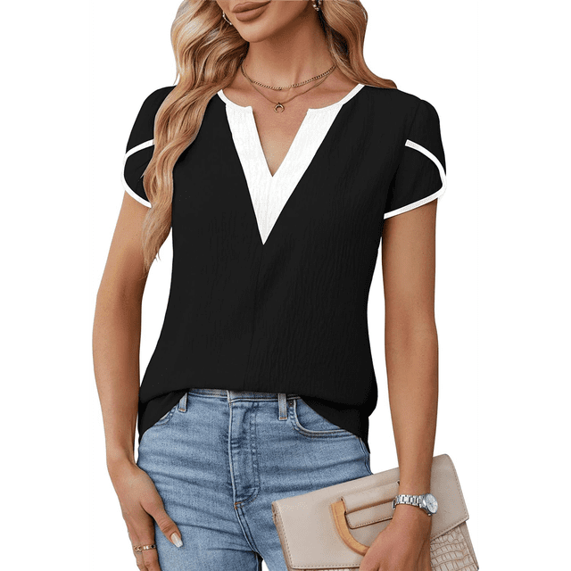 Camisetas de Corta con Cuello en V para Mujer, Color Negro, Talla XXL