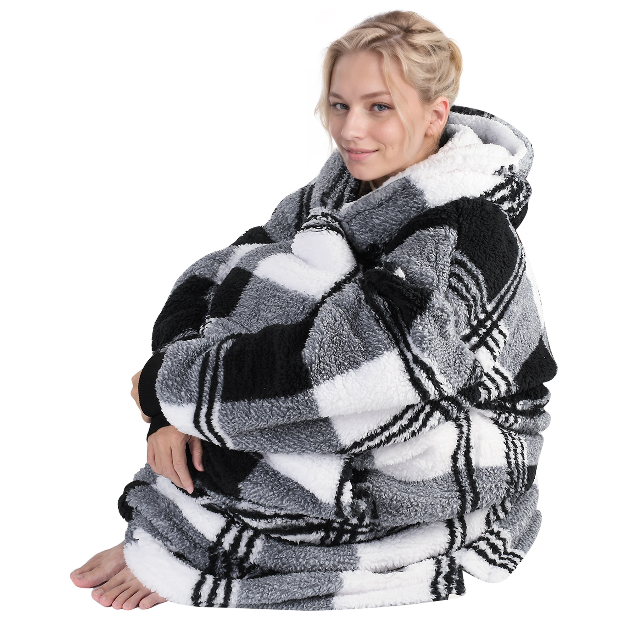 Catalonia Plaid Oversized Wearable Blanket Hoodie Sweatshirt, Comfortable Sherpa Lounging Pullover for Adults Men Women Wife Girlfriend, Gift for Her