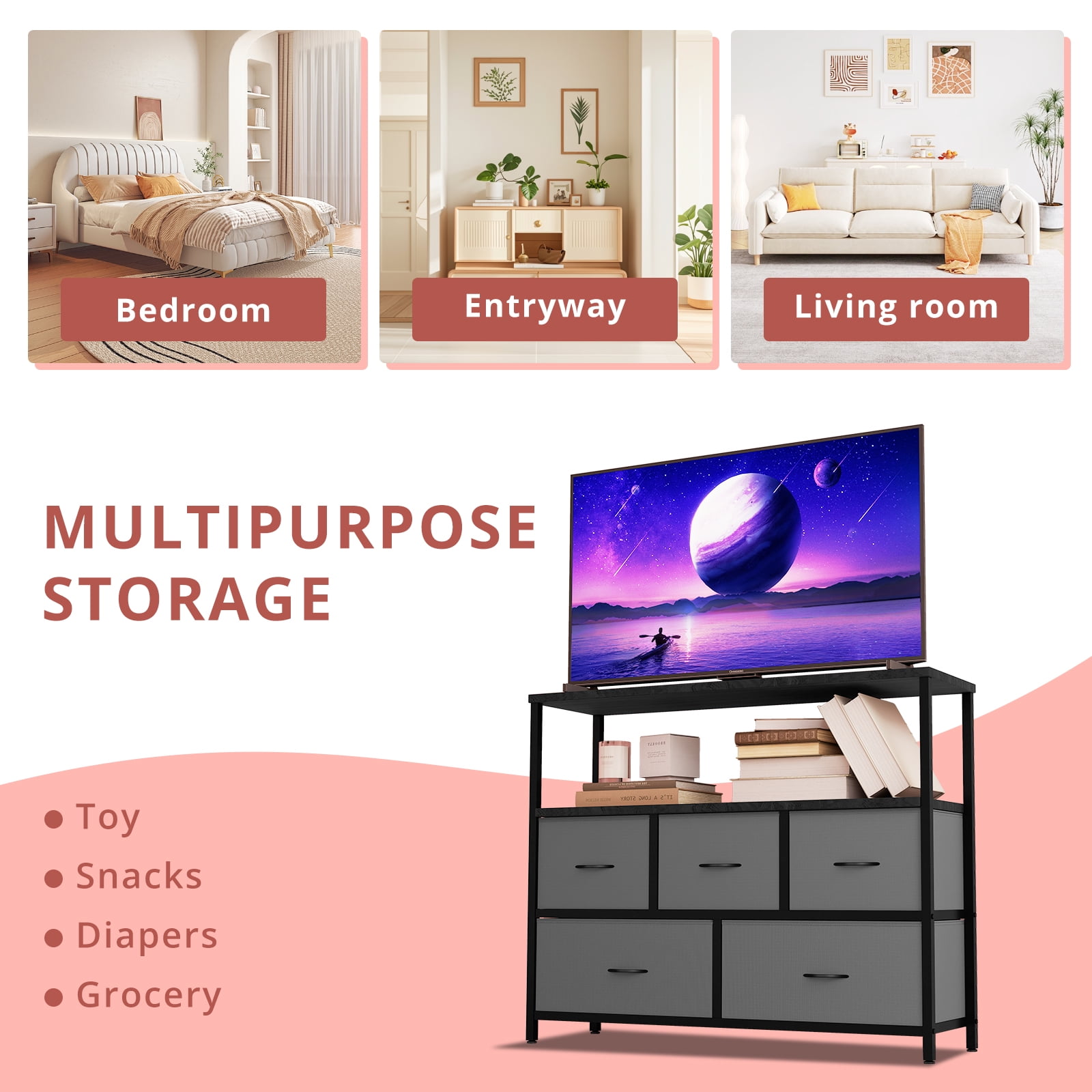TV Stand, Gray Dresser TV Stand for Bedroom, Entertainment Center for 45 Inch TV with Drawers, Fabric, Adjustable Feet, Living Room