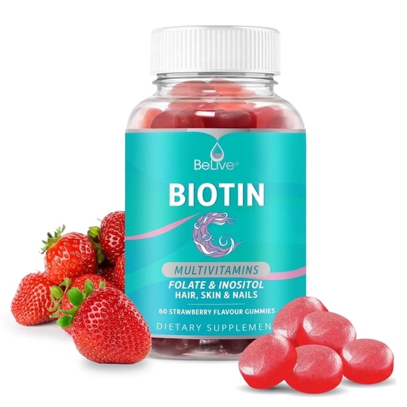 BeLive Biotin Gummies with MultiVitamins, Folate, Inositol – Supports Hair Growth, Healthy Skin & Nails – Vegan – Strawberry Flavor (60 Count)