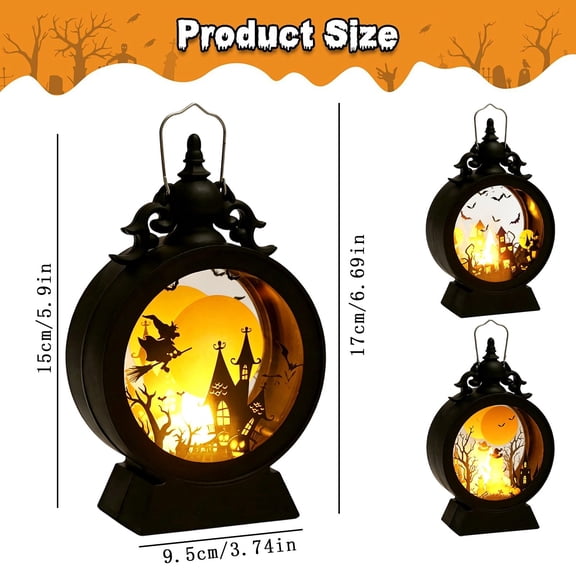 3 Pcs Halloween Decor Inside Halloween Decorative Lantern with Witch Pumpkin and Haunted House Scene for Indoor and Outdoor Holiday Party Decor Battery Powered Lighting, 6.7 Inch, Random Style