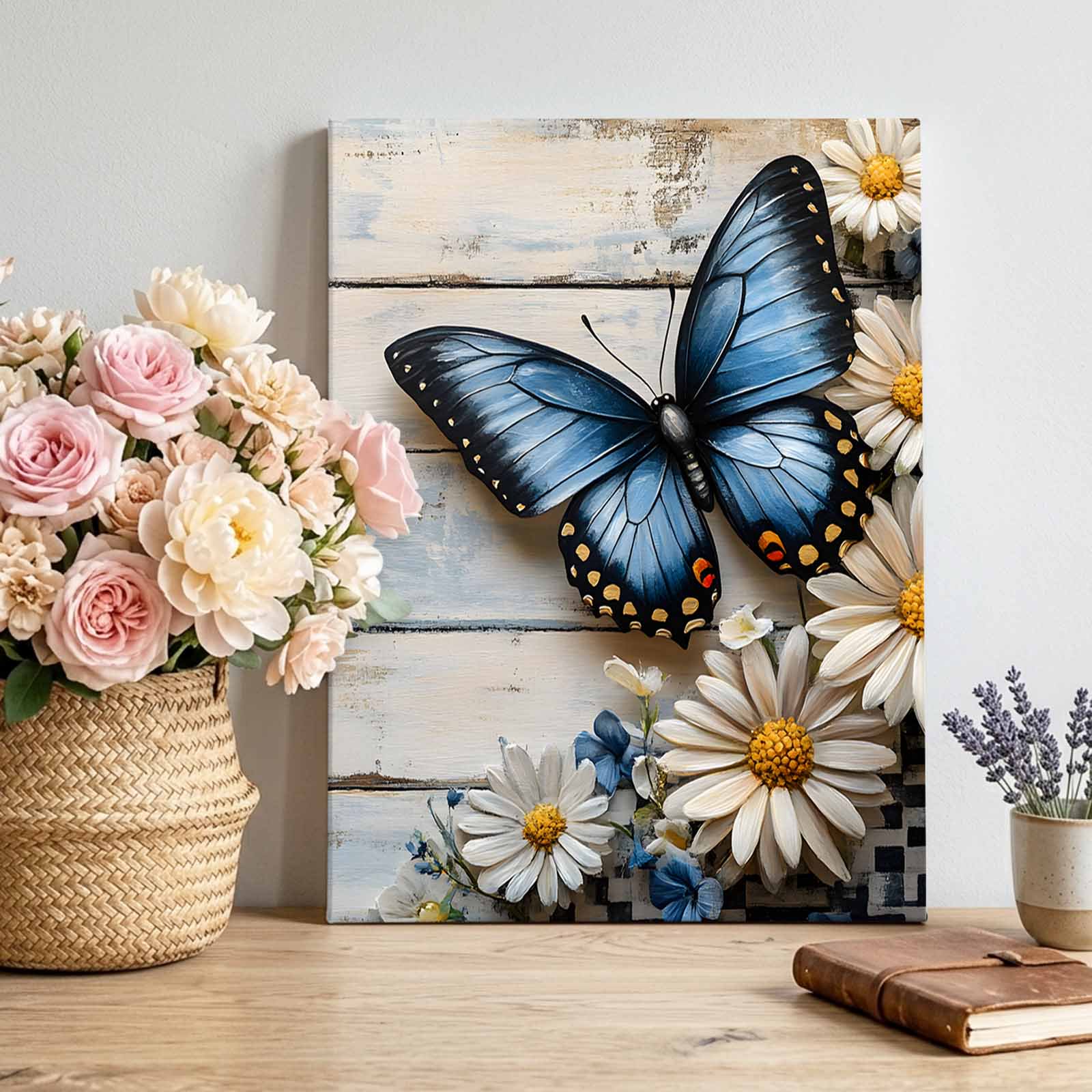 Canvas Wall Art Butterfly Daisy Framed Canvas Prints for Living Room Bedroom Retro Spring Floral Flower Wooden Grain Gallery Wrapped Wall Decor for Home Office Gifts 12 x16 Ship Next Day