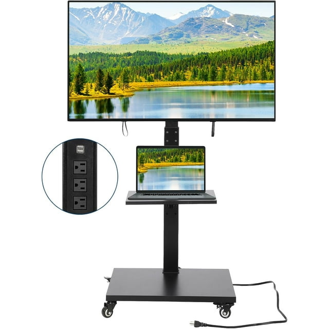 Support TV Mobile avec Prise de Courant, Chariot TV Roulant Inclinable et Pivotant à 360°, Support TV Portable à Hauteur Réglable sur Roulettes pour Téléviseurs de 32 à 75 Po, Supporte jusqu'à 110 Lb, Chariot TV d'Extérieur avec Roues