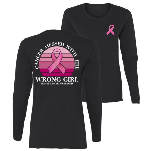 Wild Bobby Cancer Messed With the Wrong Girl Breast Cancer Awareness Front and Back Womens Graphic Long Sleeve T-Shirt, Black, Small