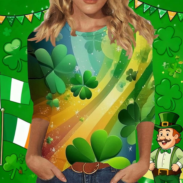 RKSTN 3/4 Length Sleeve Womens Tops Oversized Crewneck St Patricks Day Lucky Shamrocks Graphic Print T Shirt Womens Casual Plus Size Round Neck Loose Irish Festivities Three Quarter Sleeve Shirt