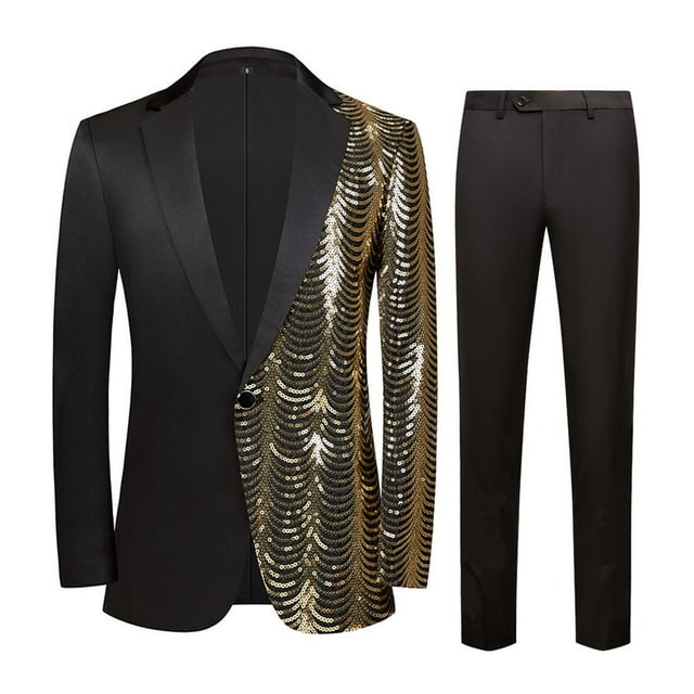 Men's Casual Color Block Button Breasted Slim Blazer With Ruffled Sequin Details Long Sleeve Outwear Jackets Solid Color Trousers Suit Sets