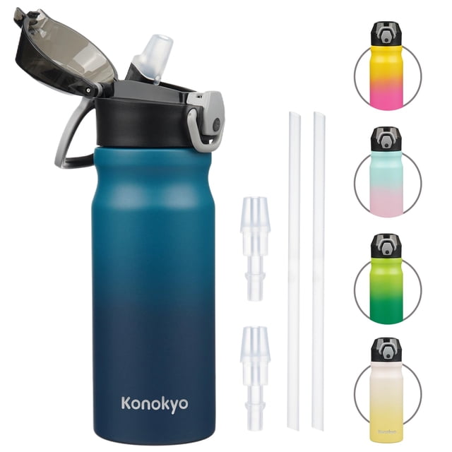 Konokyo Botella De Agua Aislada Con Pajita Y Asa De Transporte Frasco De Agua De Metal Al Vacío De Doble Pared De Acero Inoxidable De 18 Oz Con Tapa A Prueba De Fugas Indiego Black