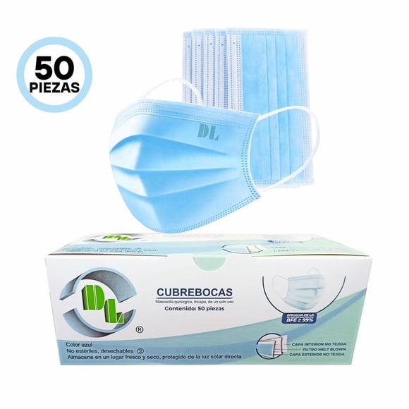 50 Cubrebocas Dl Tricapa Quirúrgico Mascarilla Color Azul Azul Claro Liso
