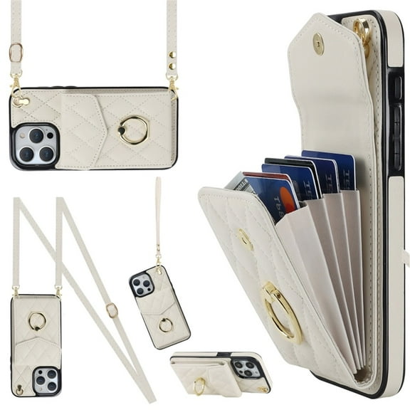 For iPhone 14 Pro Case Premium PU Leather Accordion Folding Wallet &Card Holder With RFID Shielding Material Phone Case With Adjustable Ring Holder And Detachable Crossbody  Wrist Strap,white