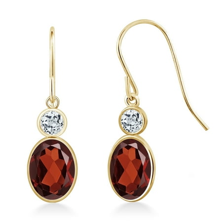 Gem Stone King 14K Yellow Gold Red Garnet and White Topaz Hook French Fish Ear Wire Dangle Earrings for Women (2.08 Cttw, Gemstone January Birthstone, Oval 7X5MM, Round 3MM)