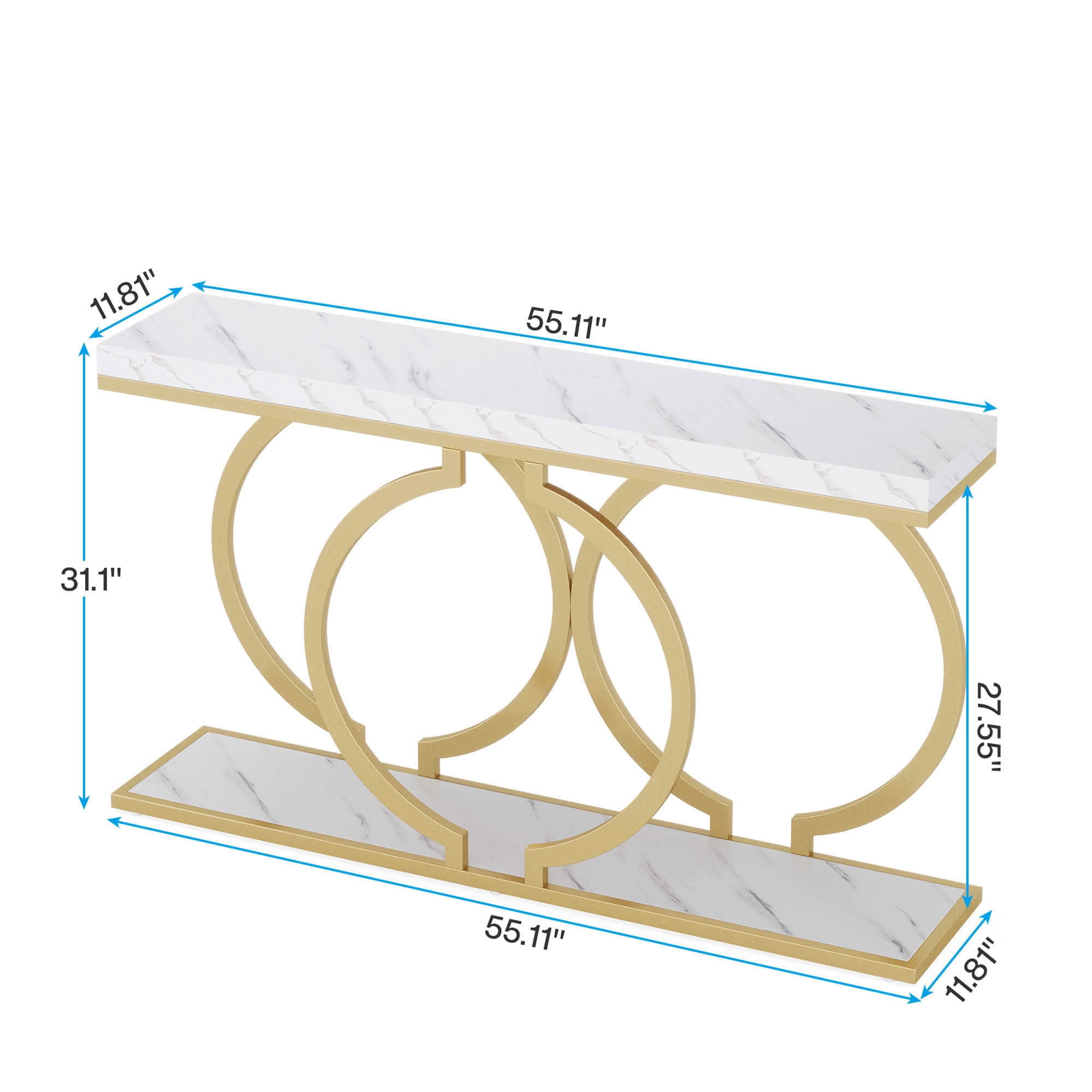 MAYEERTY 55 Inch Light Luxury Faux Marble Console Table, Gold O Geometric Metal Frame Narrow Entry Sofa Display Accent Table
