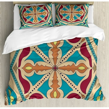 Spanish Duvet Cover Set King Size, Ethnic Azulejo Talavera with Ottoman Moroccan Effects Portuguese Culture Print, Decorative 3 Piece Bedding Set with 2 Pillow Shams, Multicolor, by Ambesonne