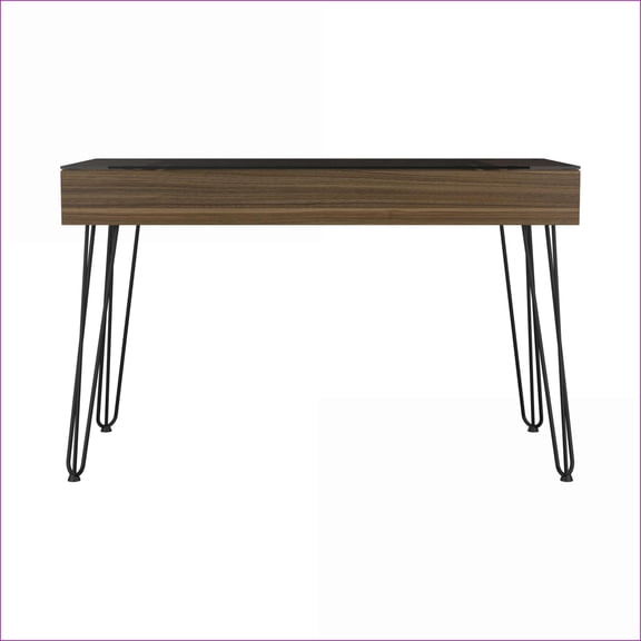 Desks | Industrial Office Desk with 1 Drawer, Glass Top & Metal Legs | Mahogany | Particle Board