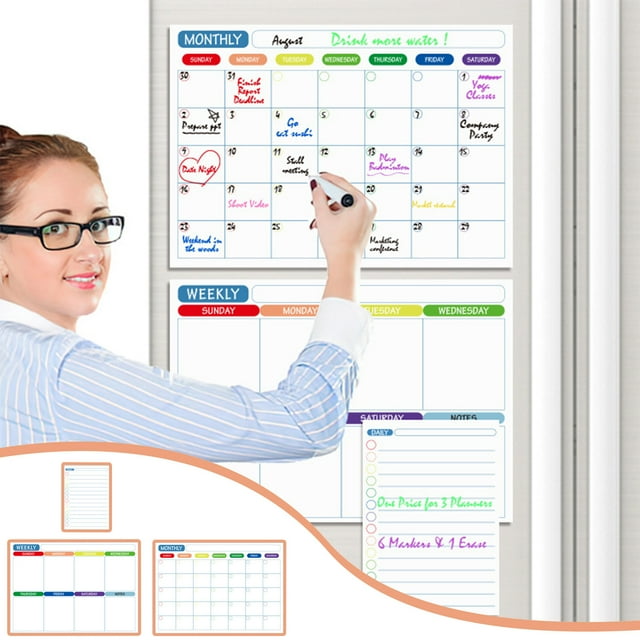 Danhjin Calendar Whiteboard Dry Wipe Calendar Set, Magnetic Calendar Whiteboard For Refrigerator, Includes Colored Pens, Board Eraser And Double-sided Adhesive Stickers 5ml