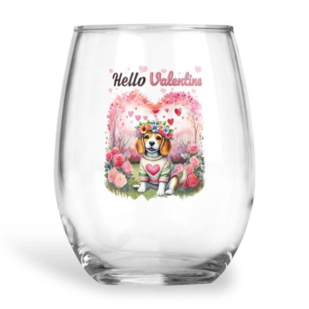 Hello Valentine’s Day Beagle Flower Crown Romantic Pink Floral 15oz Stemless Wine Glass Mug Beagles Dog Lover Gifts Idea Wine Glasses Cup - 00031