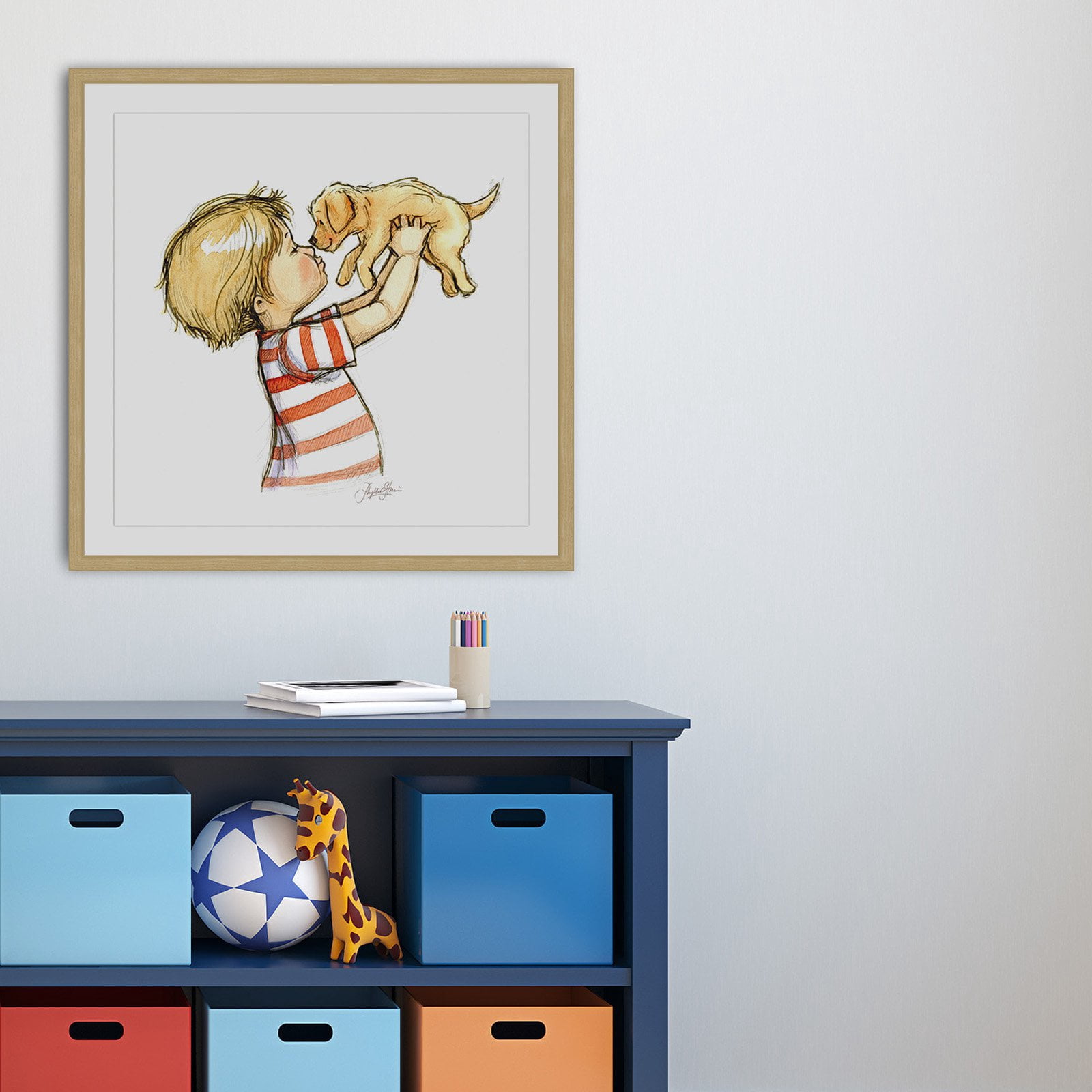"Puppy Loves Boy" Framed Painting Print