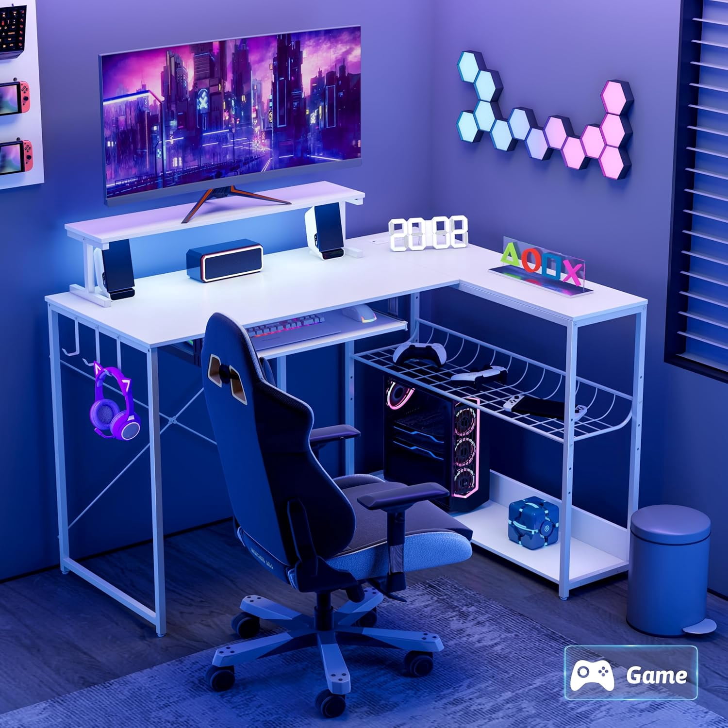 FANRAL L Shaped Computer Gaming Desk with Monitor Stand,LED Light & USB Power Outlet,Reversible Shelves Corner Desk with Keyboard Tray for Home Office Study,White Computer Desk