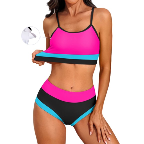 Attraco Women High Waisted Bikini Sets Sporty Color Block Two Piece Swimsuit Scoop Neck Bathing Suits Shoulder Straps Swimwear