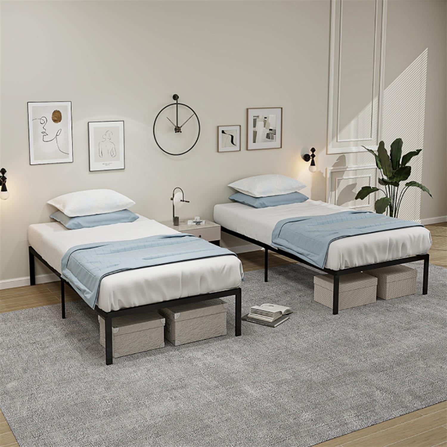 Demi Bonn Twin Bed Frames 14" Heavy Duty Metal Platform, No Box Spring Needed Underbed Storage, Easy to Assembly, Black