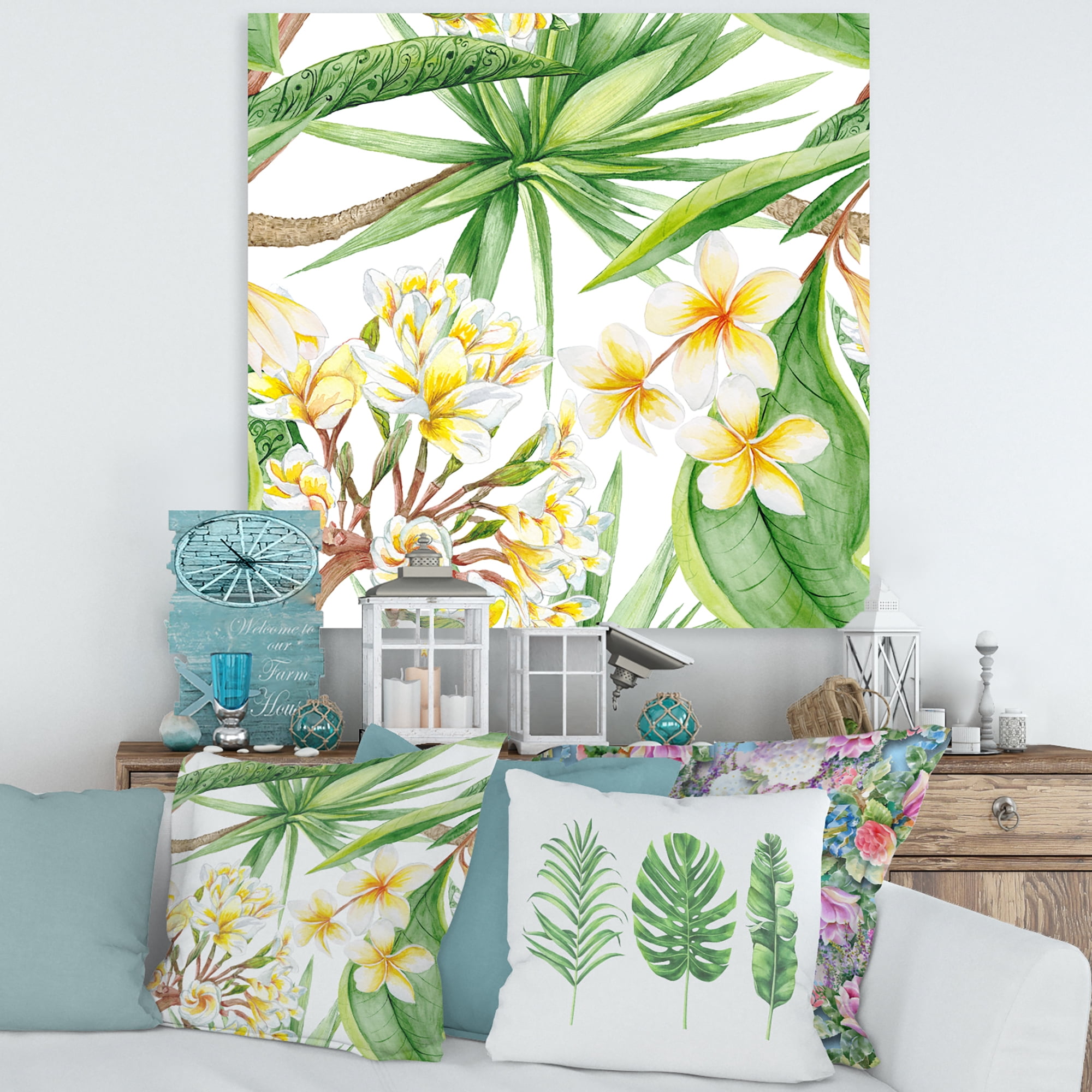 Designart ' Yellow Flowers and Tropical Foliage I ' Modern Canvas Wall Art Print