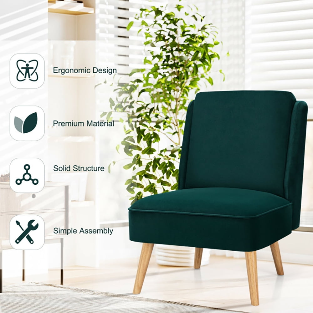 Finihen Velvet Accent Chair, Velvet Accent Armless Side Chair with Rubber Wood Legs, for Living Room, Bedroom, Green