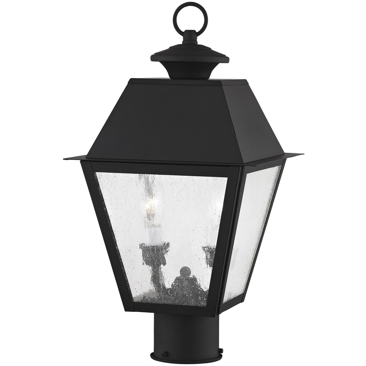 9 inch 2 Light Black Outdoor Post Lantern Pendant Lighting Fixture with Seeded Glass Shade backed with Hand Crafted Solid Brass material for patio, front porch, entryway and more