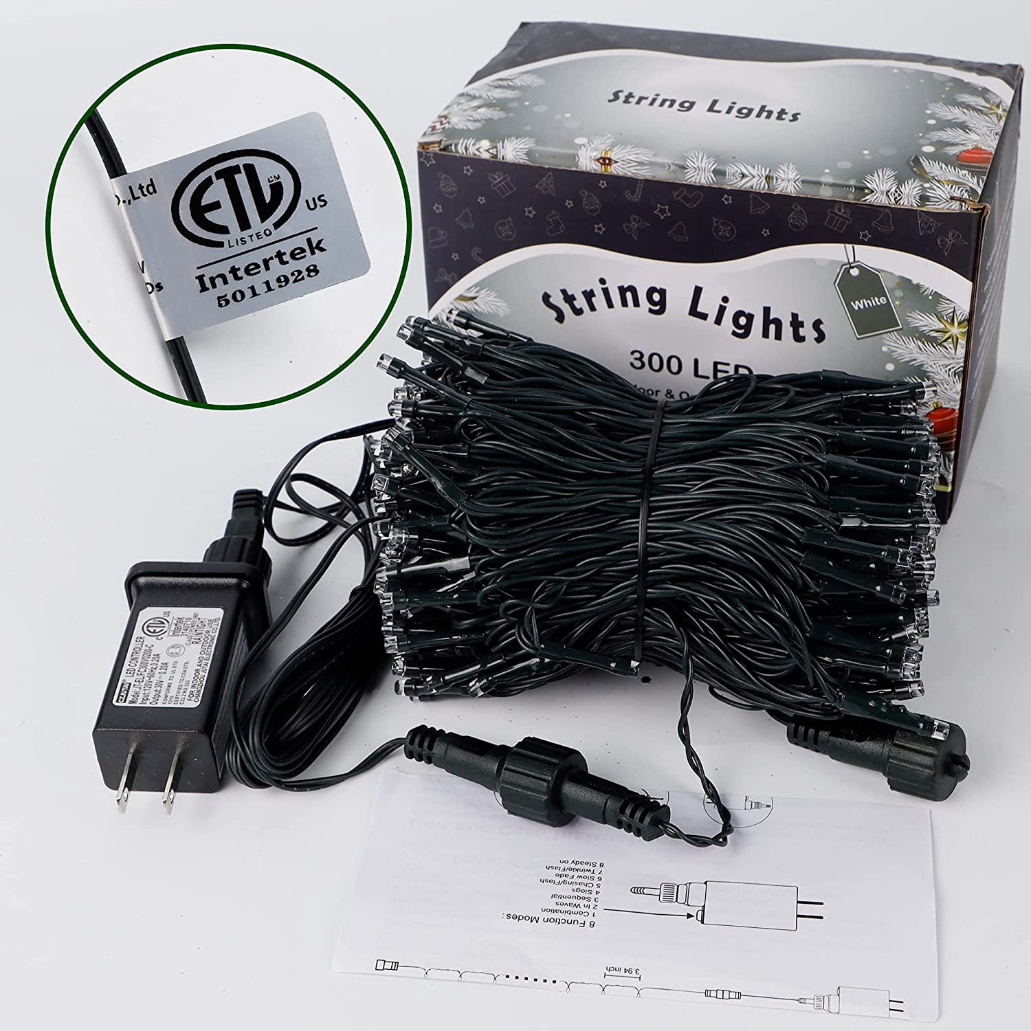 Sinhoon 300 LED Christmas String Lights, 99FT Outdoor Xmas Decorative Green Wire LED Fairy Lights, 8 Lighting Modes, Waterproof & Connectable for Party Garden Wedding Home Decoration, White