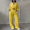 thumbnail image 2 of vigerkar Linen Two Piece Set Women Pants Casual Outfits Wide Leg Pants Long Sleeve Button Down Shirt Lounge Streetwear Sets Yellow, L, 2 of 7