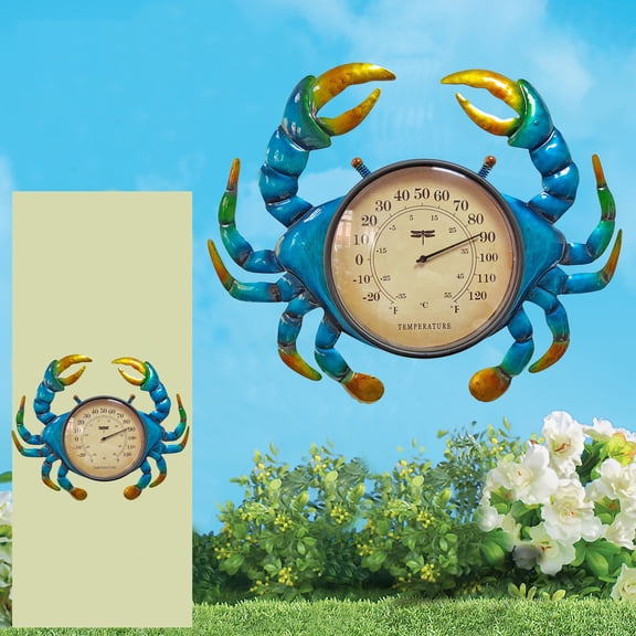 Sea Crab Outdoor Thermometer, Metal Crab Wall Mount Thermometer, Blue Crab Design Statue Decor, Outdoor Indoor Garden Art Decoration