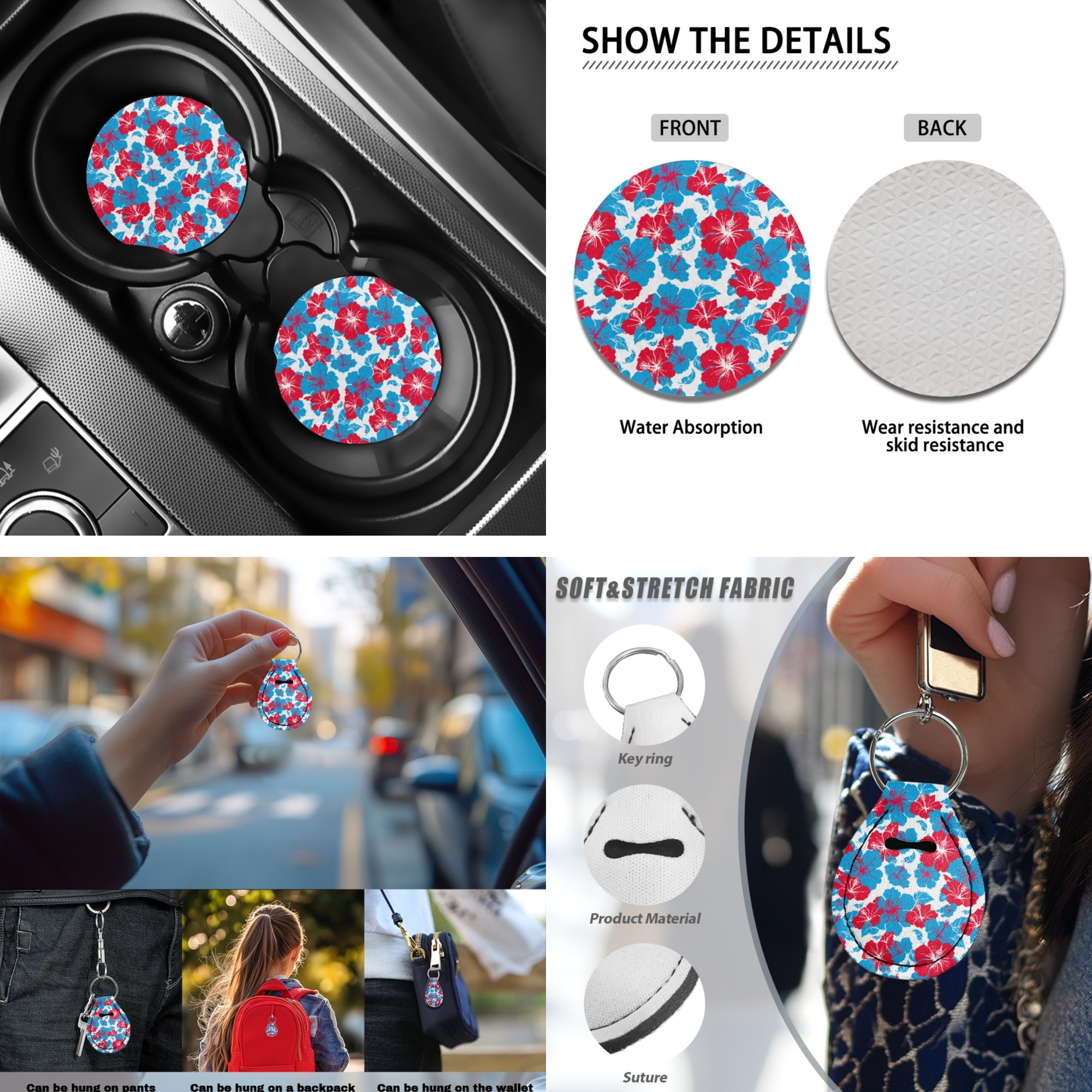Jeiento Hibiscus Flowers Auto Seat Cover Full Set 13 PCS Car Accessories Set with Steering Wheel Cover Armrest Cover Seatbelt Shoulder Pad Cup Mat Key Ring Easy Install