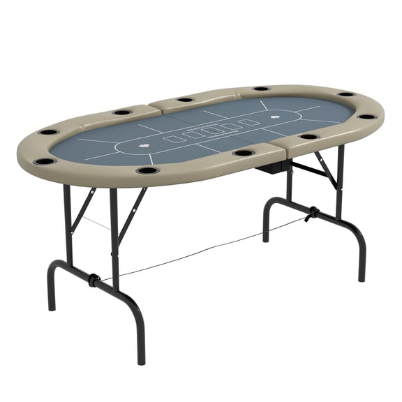 Soozier Table Foldable, 70" Oval Blackjack Casino Texas Holdem Game Table for 10 Players with Cup Holders, Blue and Brown