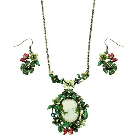Falari Vintage Cameo Flower Hand Painted Necklace Earring Set