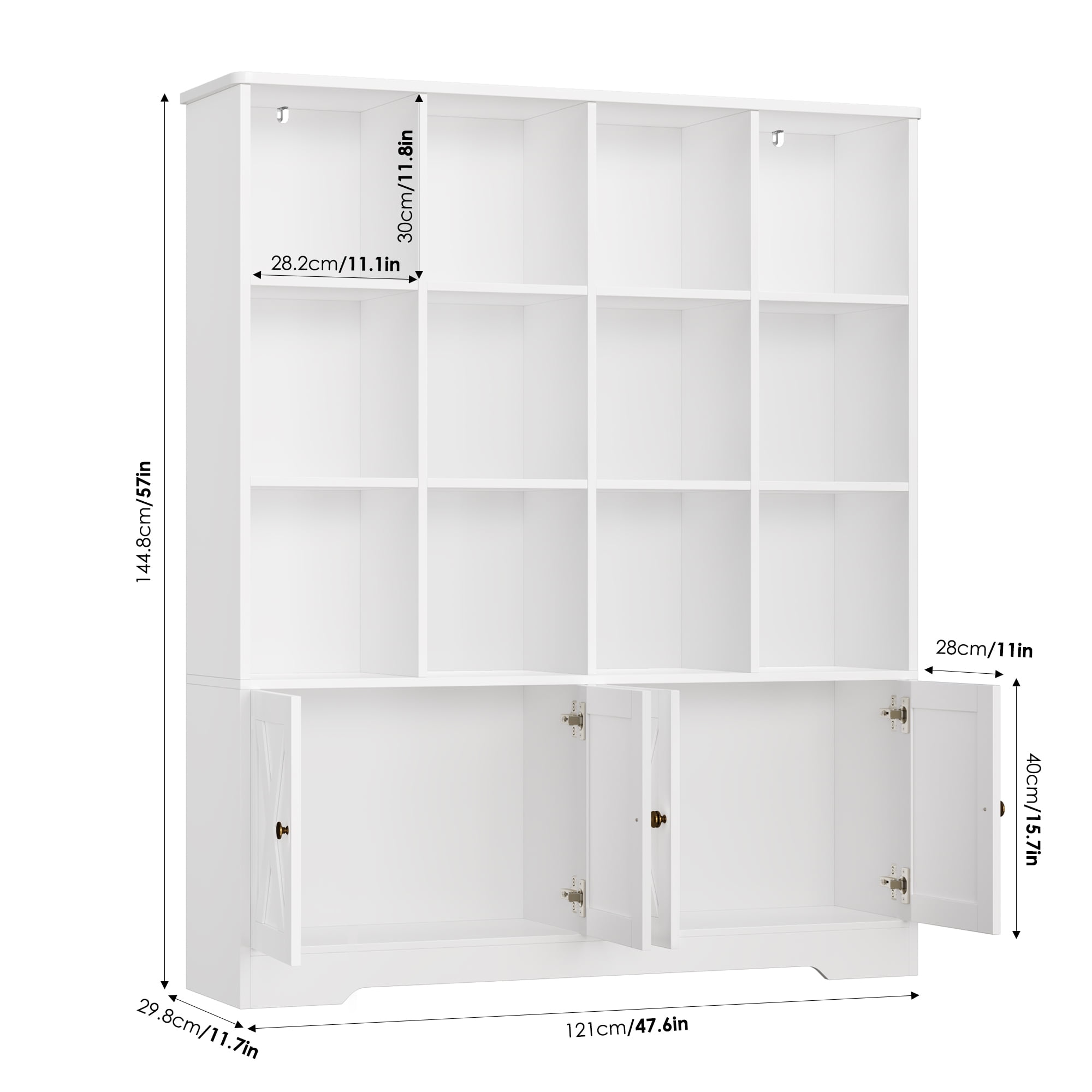 Homfa 12 Cube Double Wide Bookcase with Doors, 3 Tier Library Cabinet & Bookshelves for Home Office Living Room, White