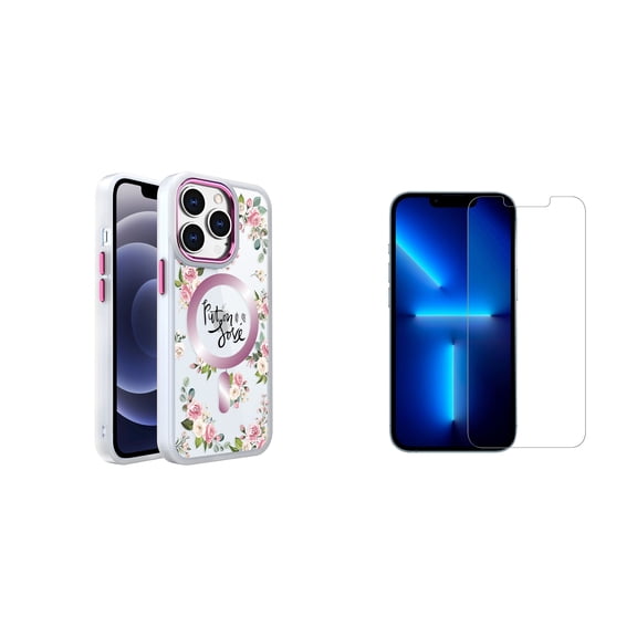 Bemz Hybrid Protective Cover with MagSafe Designed for iPhone 14 Case (Put on Love | Pink Floral) with (2-Pack) Tempered Glass Screen Protectors