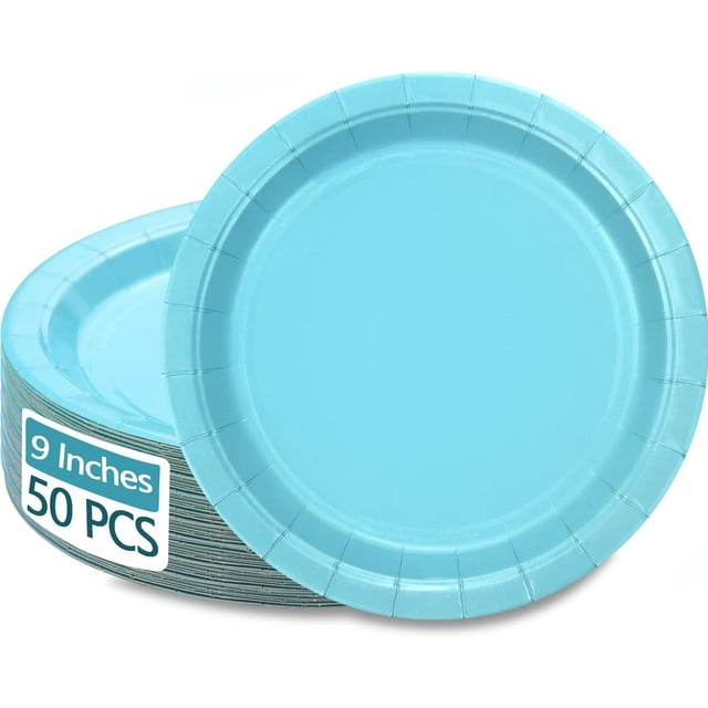 50 Pcs Assiettes en Papier Bleu Pâle - Assiettes d'Anniversaire Bleu Bébé 9” Assiettes Rondes de Souper pour Garçons Fête Prénatale Révélation de Sexe Décorations de Fête Bleues