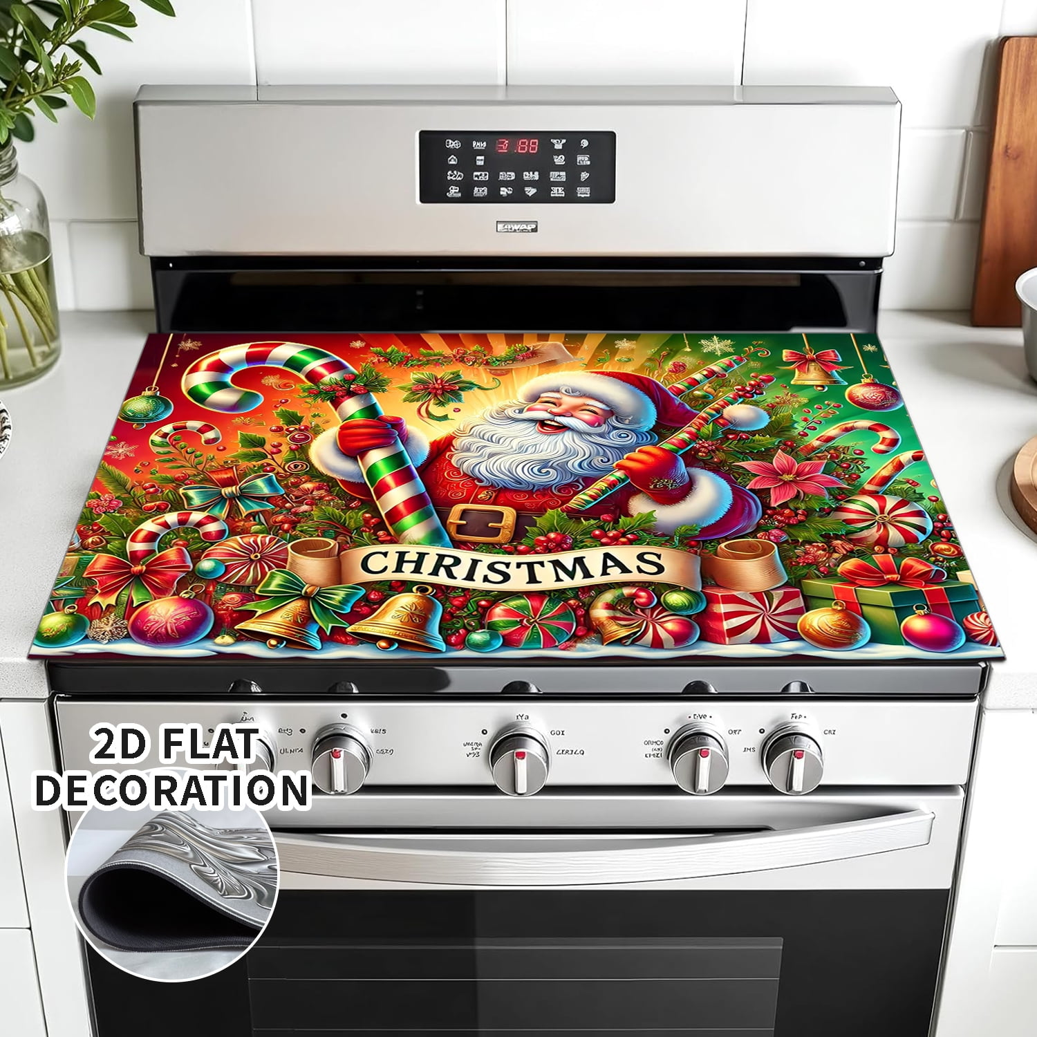 Christmas Stove Cover, Merry Christmas Stove Top Cover for Gas Stove Xmas Red Winter Kitchen Decor Glass Stove Top Pad Heat Resistant Electric Stove Protector Washable Cooktop Oven Mat