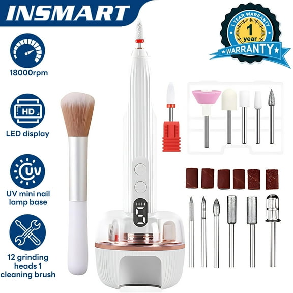 INSMART UV Nail Drill – Cordless 3-in-1 Electric Nail File Kit, 18,000 RPM, LED Display, 5 Speeds, 12 Heads for Salon & Home Manicure Pedicure