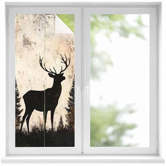 Vintage Forest Deer Window Privacy Film, Rustic Country Wildlife Woodland Static Cling UV Sun Blocking Heat Control Window Tint Day and Night, Non-Adhesive One Way Windows Privacy Cover 19.6''x39.3''