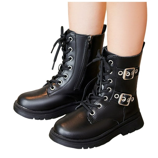 Dakaela Girls Combat Boots Kids Buckles Side Zipper Punk Goth Ankle Booties Toddler Mid Calf Motorcycle Riding Boots Black Size 12.5