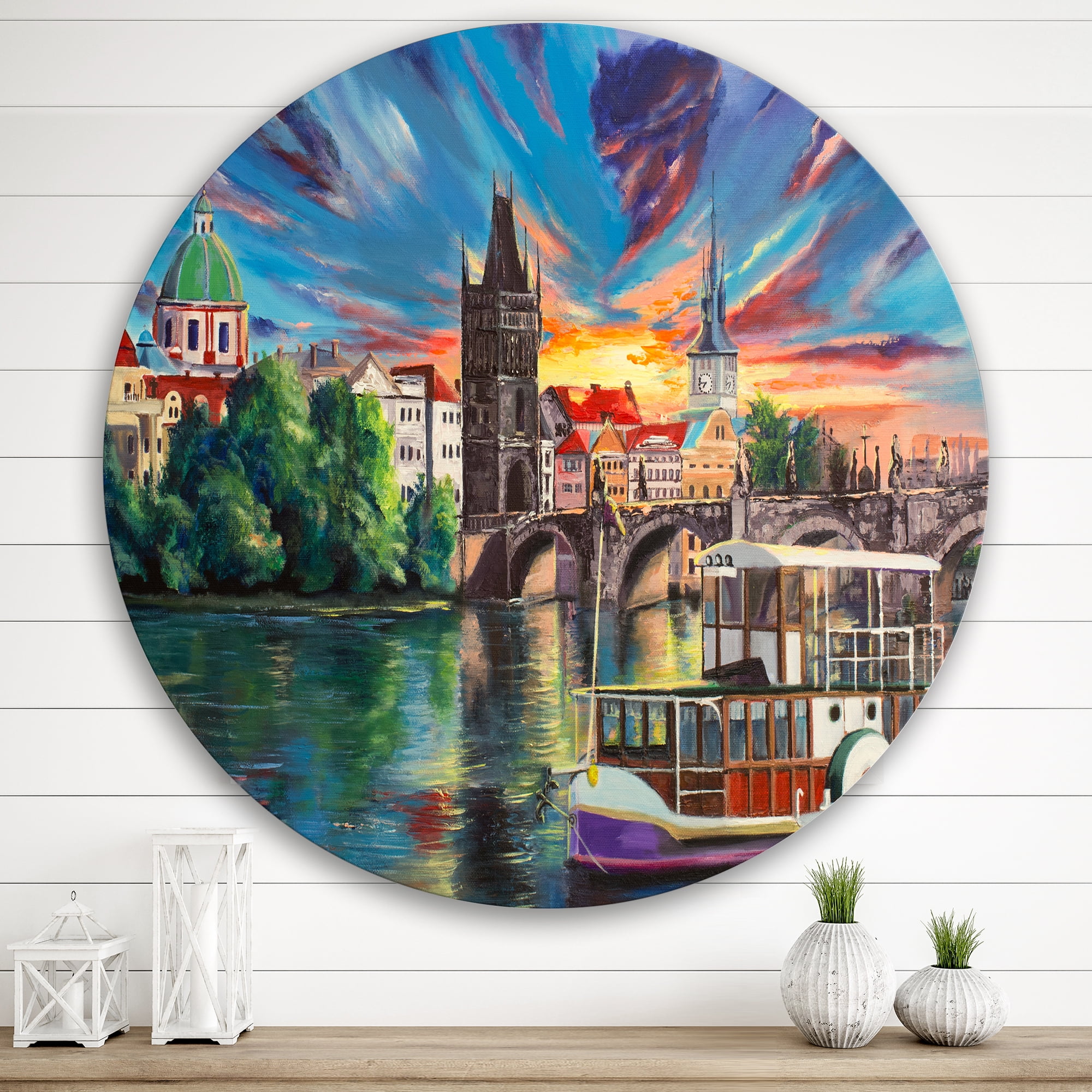 Designart 'Sunset Over Cityview Of Prague' Children's Art Circle Metal Wall Art 29x29 - Disc of 29