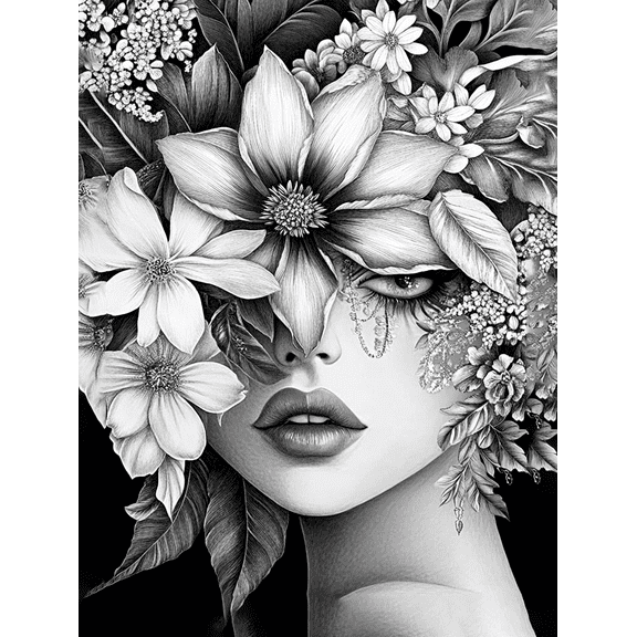 Black and White Floral Woman Canvas Art Print， Suitable for Living Room， Bedroom， Bathroom， Office， and Hallway Decoration.